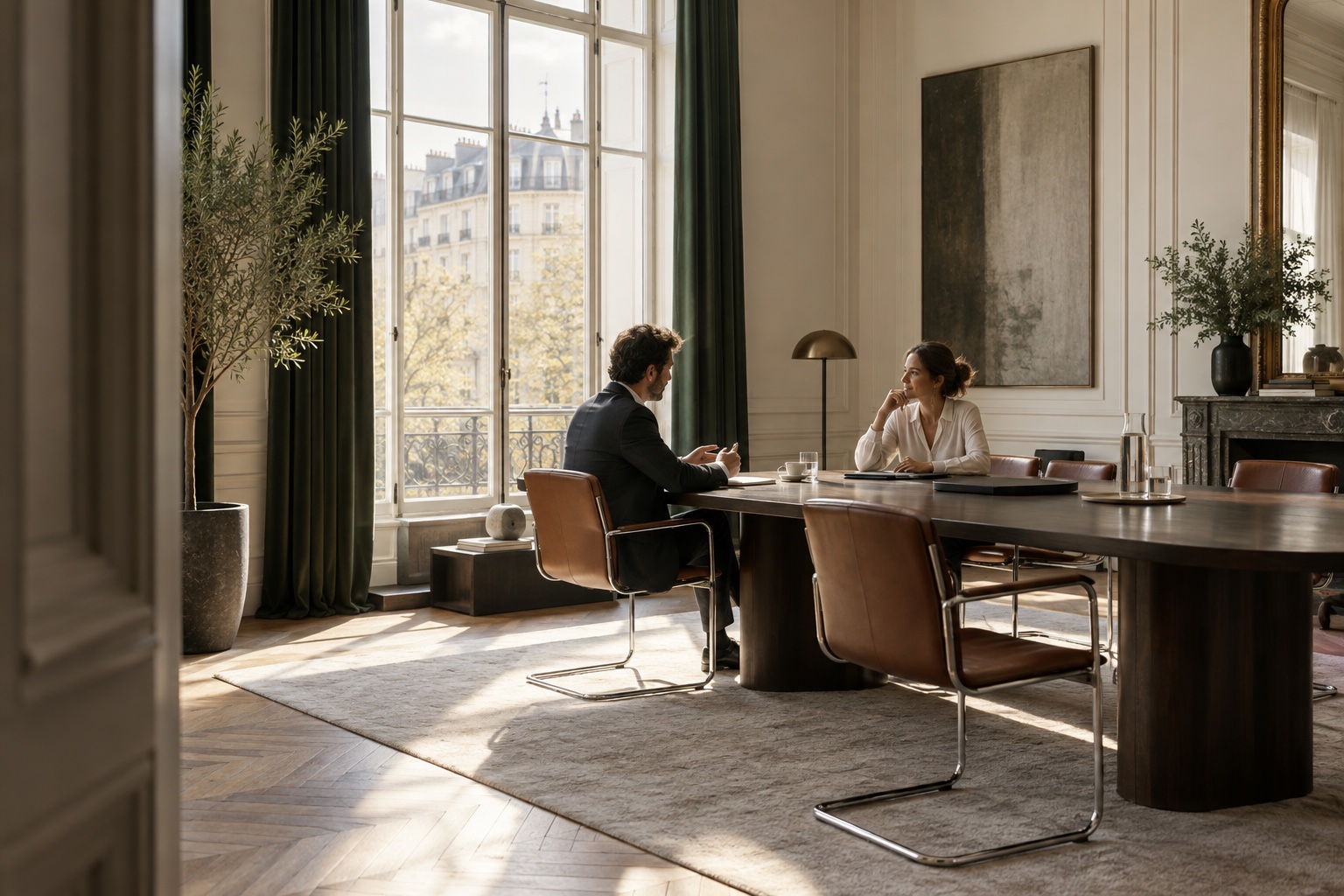Illustration d’un échange de conseil dans un bureau lumineux