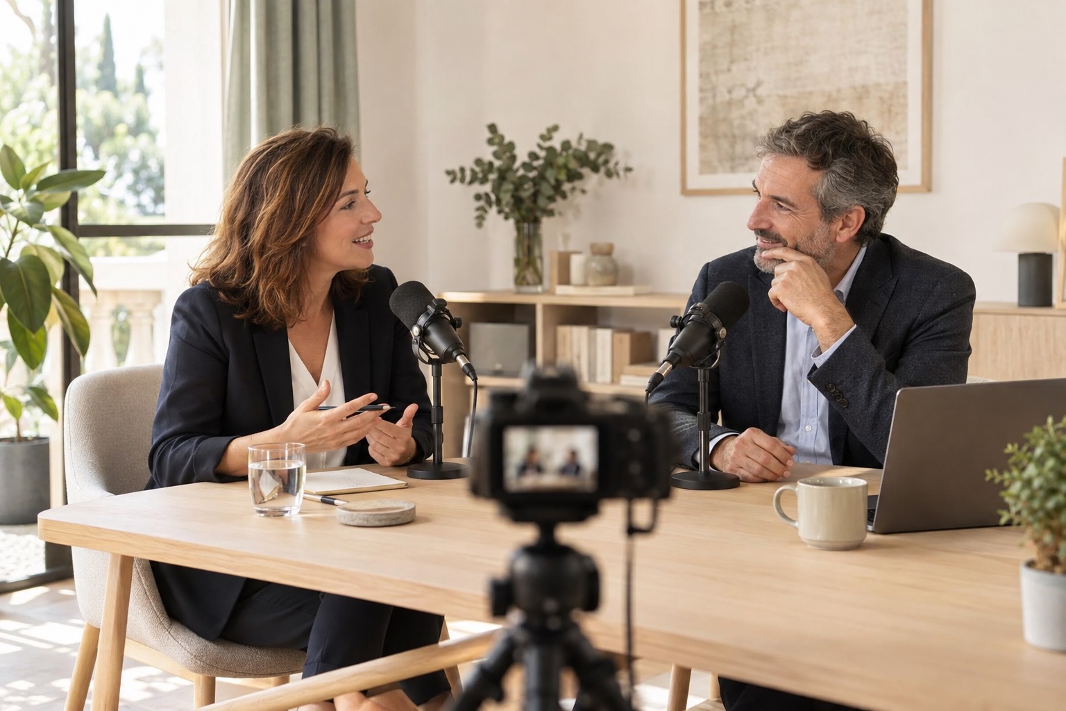 Illustration de deux professionnels dans un studio de tournage lumineux, avec microphones et caméra